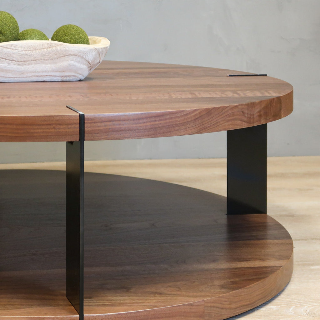 walnut round coffee table with storage