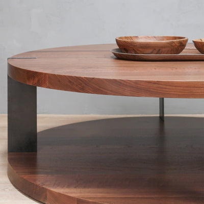 2-Level Round Walnut Coffee Table With Metal Accent | Urbandi | Urbandi