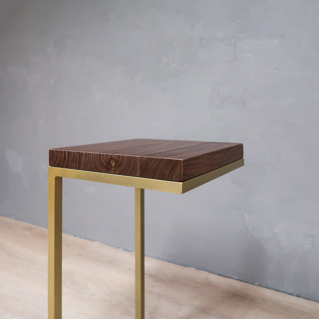 Walnut C shape side table with gold base