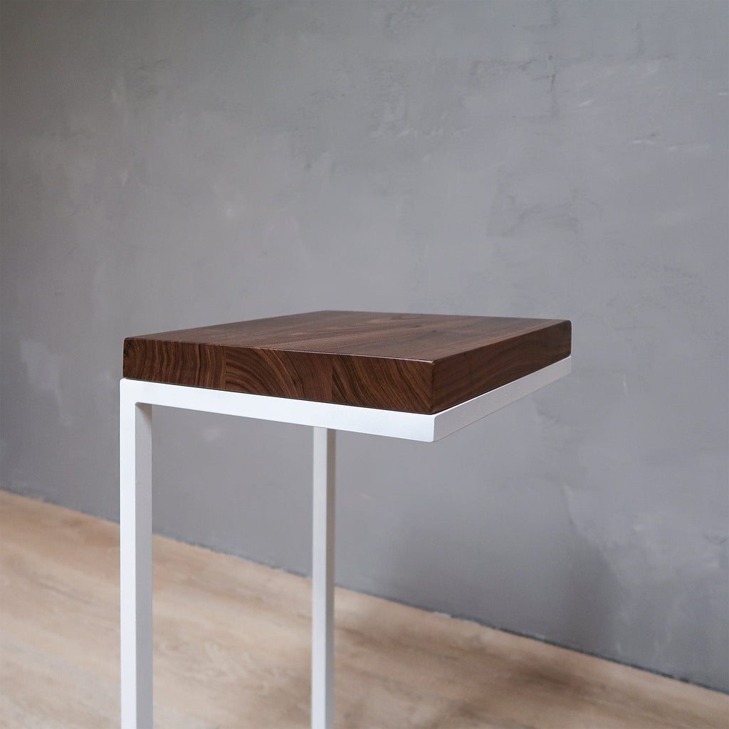 Walnut C shape side table with white base