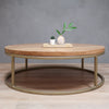 round white oak with gold base coffee table